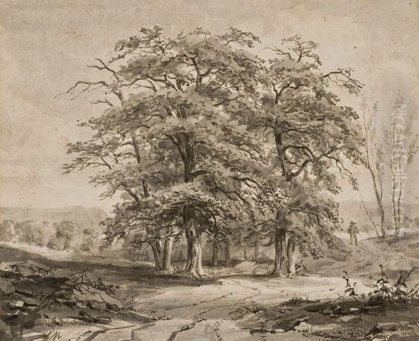 Paysan Contournant Un Bosque D'arbres 
Pinceau, Lavis Gris - view 1