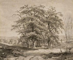 Paysan Contournant Un Bosque D'arbres 
Pinceau, Lavis Gris by Stephane Baron