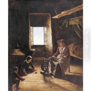 Interieur Mit Betagter Spinnerin Und Spielenden Kindern by Joseph Hornung
