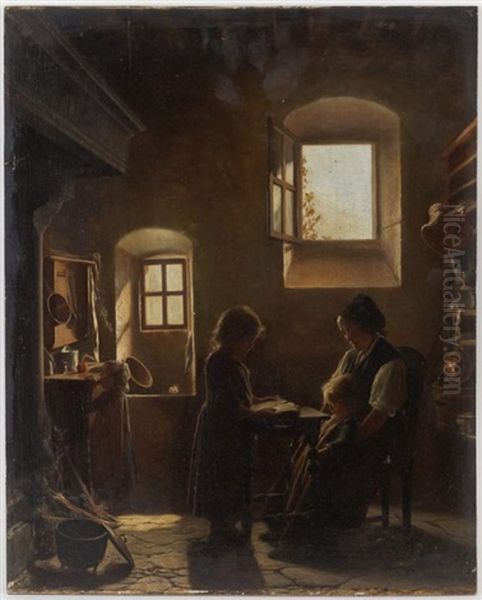 Scene D'interieur, Fillette Faisant La Lecture A Sa Maman Et Ses Soeurs - view 1