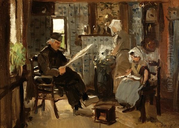 Reading Man And Child In An Interior - view 1