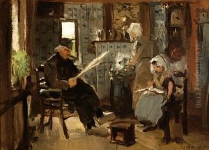 Reading Man And Child In An Interior by Henricus Mattheus Horrix