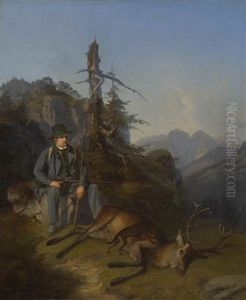 Jager Mit Erlegtem Vierzehnender by Theodor Horschelt