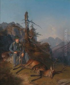 Thomas Lackenbacher, Revierforster Vom Schliersee Mit Einem Vierzehnender Im Gebirge by Theodor Horschelt