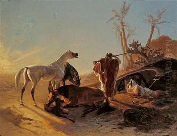 Rastendes Beduinenpaar Mit Araberpferden - view 1
