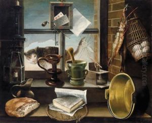 Trompe L'oeil Mit Zwei Lampen, Morser, Mausefalle, Kupferkessel, Brot, Kase Einem Getrockneten Fisch Und Eiern In Einem Korb In Einer Fensternische