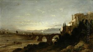 River Landscape With Italianate Buildings, A Stone Viaduct And Figures