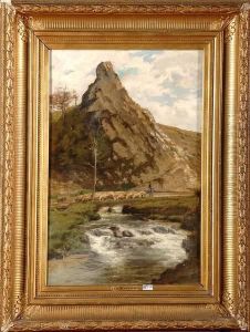 Berger Et Son Troupeau Au Bord Du Ruisseau by Theodore Baron
