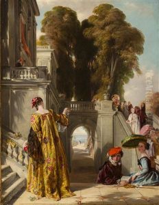 Elegant Figures On The Terrace Of A Country House by John Callcott Horsley
