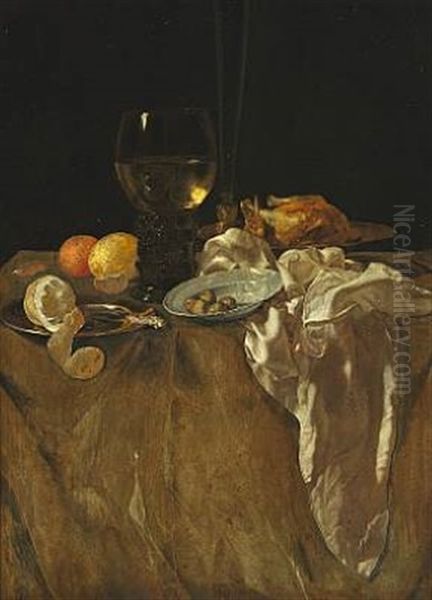 Still Life With Lemons, Oranges And Olives In A Pewter Dish, Fried Chicken And A Rummer - view 1
