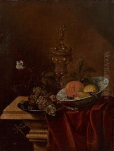Stilleben Mit Vermeilpokal, Fruchten Auf Fayenceschale Und Zinnteller, Malerisch Arrangiert; Kohlweisling Und Libelle Stilleben Mit Vermeilpokal, Fruchten Auf Fayenceschale Und Zinnteller, Malerisch Arrangiert; Kohlweisling Und Libelle