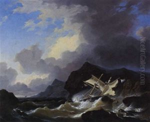 Sailing Vessel In Distress by Johannes Ciprianus Ter Horst