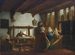 A Weaver's Workshop With A Weaver And His Maid, Together With Two Women And A Child Conversing On The Right