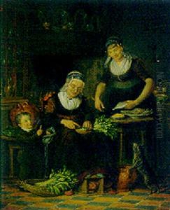Women Preparing A Meal In A Parlour By A Young Boy And A Cat