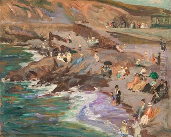 Vagues, Rochers Et Petites Personnes Sur La Plage - view 1