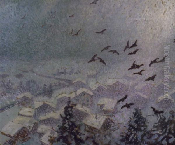 Blackbirds And Falling Snow - view 1