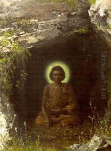 Shakyamuni Im Meditationssitz Auf Einem Blatterbett In Einer Hohle Mit Einem Spinnergewebe