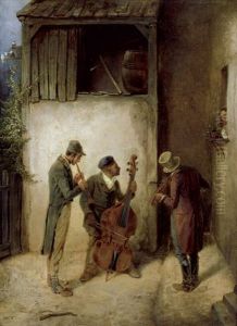 Das Standchen - Stehgeiger, Cellist Und Klarinettenspieler Vor Dem Fenster Einer Jungen Frau by Theodor Hosemann