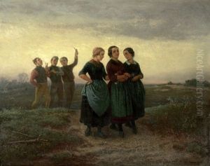 Junge Burschen Werben Um Madchen In Einer Dreiergruppe by Theodor Hosemann