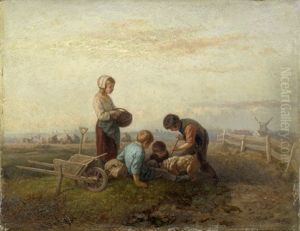 Junge Bauerin Mit Kindern Auf Dem Kartoffelfeld by Theodor Hosemann