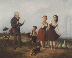 Ein Maler, Der Zwei Landmadchen In Sein Skizzenbuch Zeichnet