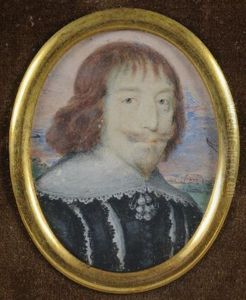 Portrait Of A Courtier, Head And Shoulders, Wearing A Black Doublet With Lace Collar Landscape And Sky Background by John Hoskins the Elder