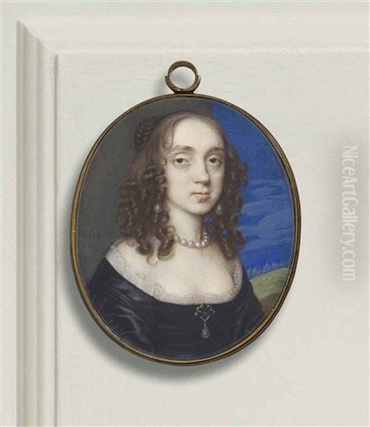 Lady Mary Glemham, Nee Perient, In Off-the-shoulder Black Dress Revealing Lace Trim Of Chemise, Pearl Choker And Earrings, Gold And Pearl Brooch... - view 1