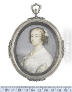 Henrietta Maria Of France (1609-1669), Queen Consort Of England, Scotland And Ireland (1625-1649), Wearing White Figured Dress, White Lace Collar And Fill-in by John Hoskins the Elder
