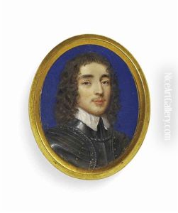 A Gentleman, In Gilt-studded Armour, White Collar, Dark Curling Hair, Blue Background With Gold Border by John Hoskins the Elder