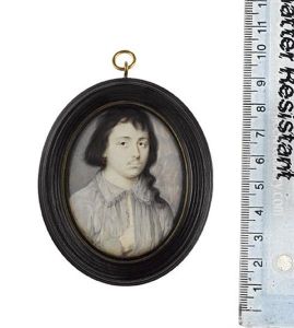 A Gentleman, Wearing White Chemise With Lace Trimmed Collar, Gold And Coral Double-hoop Earring, Natural Hair, His Right Hand Tucked Inside His Open Chemise by John Hoskins the Elder