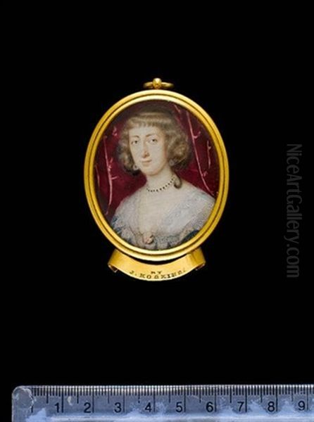 A Lady, Wearing Blue Dress With White Lace Collar Fixed At The Breast With A Pink Flower, Pearl Necklace And Pendent Earrings - view 1