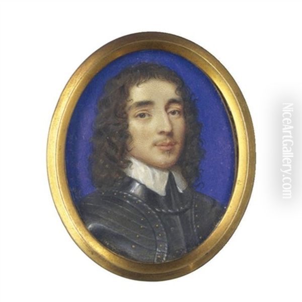 Portrait Of A Nobleman With Long Brown Hair, Wearing Full Armour And A White Collar, A Blue Background - view 1