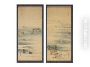 Tsukudajima Landscape (a Pair Of Scrolls) by Eishi Hosoda