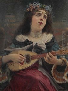 Jeune Femme A La Mandoline Devant Lagune