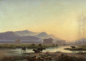 Blick Auf Die Tempel Von Paestum Im Abendlicht