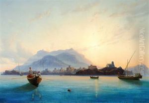View Of Italy With Fishermen In Their Boats Off The Coast by Edmund Hottenroth