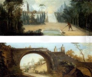 Escena De Calle Con Figuras Sobre Un Puente Y Edificios Al Fondo (+ Escena Con Un Jardinero Trabajando Junto A Un Estanque En Los Jardines De Un Palacio; Pair) Escena De Calle Con Figuras Sobre Un Puente Y Edificios Al Fondo (+ Escena Con Un Jardinero Trabajando Junto A Un Estanque En Los Jardines De Un Palacio; Pair)
