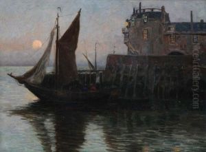 Vue De Port Avec Voilier Pres De L'estacade Au Clair De Lune by Henri Houben