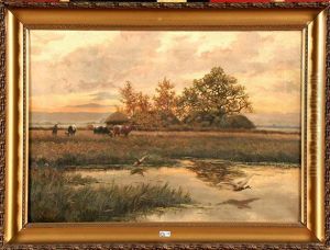 Vachere Et Son Troupeau Pres De La Mare Aux Canards