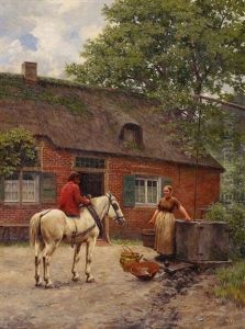 Reiter Und Junge Frau Vor Einem Reetgedeckten Bauernhaus by Henri Houben