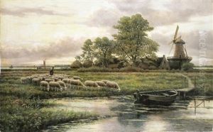 Rivierlandschap Met Schaapherder Rivierlandschap Met Schaapherder