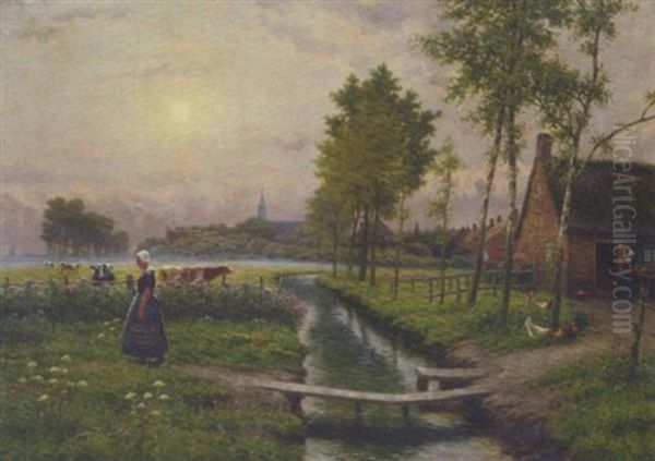 Farm Girl In A Misty Polder Landscape, A Village Beyond - view 1