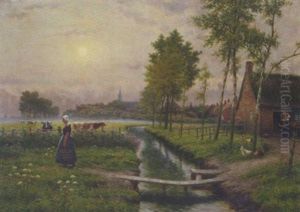 Farm Girl In A Misty Polder Landscape, A Village Beyond