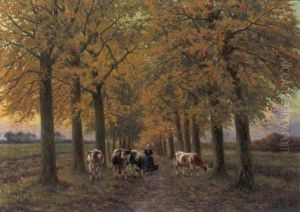 Koeienhoedster In Een Dreef by Henri Houben