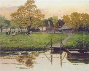 Cows And Ducks In A River Landscape