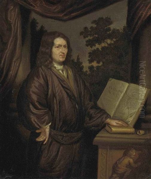 Portrait Of A Gentleman In A Rust Robe, His Left Hand On A Book, A Landscape Beyond - view 1