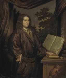 Portrait Of A Gentleman In A Rust Robe, His Left Hand On A Book, A Landscape Beyond by Arnold Houbraken
