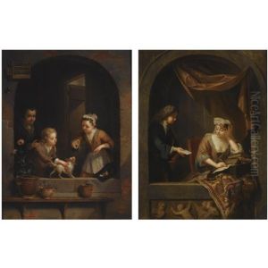 Two Young Children Playing With A Dog In A Niche, Together With An Elderly Woman (+ An Elegant Lady Writing, Seated In A Niche Draped With A Carpet, Receiving A Letter From A Messenger; Pair)