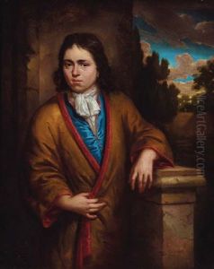 Portrait Of A Young Man In A Yellow Silk Kimono With Red Lining, Wearing An Earring, Leaning On A Stone Plinth, A View To A Garden Beyond