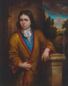 Portrait Of A Young Man In A Yellow Silk Kimono With Red Lining, Wearing An Earring, Leaning On A Stone Plinth